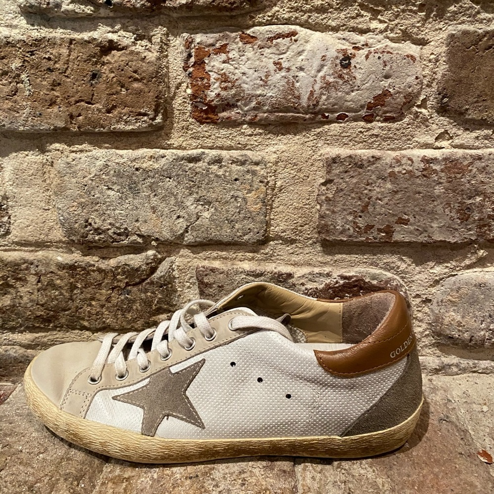 Golden gooses white and brown superstar sneakers